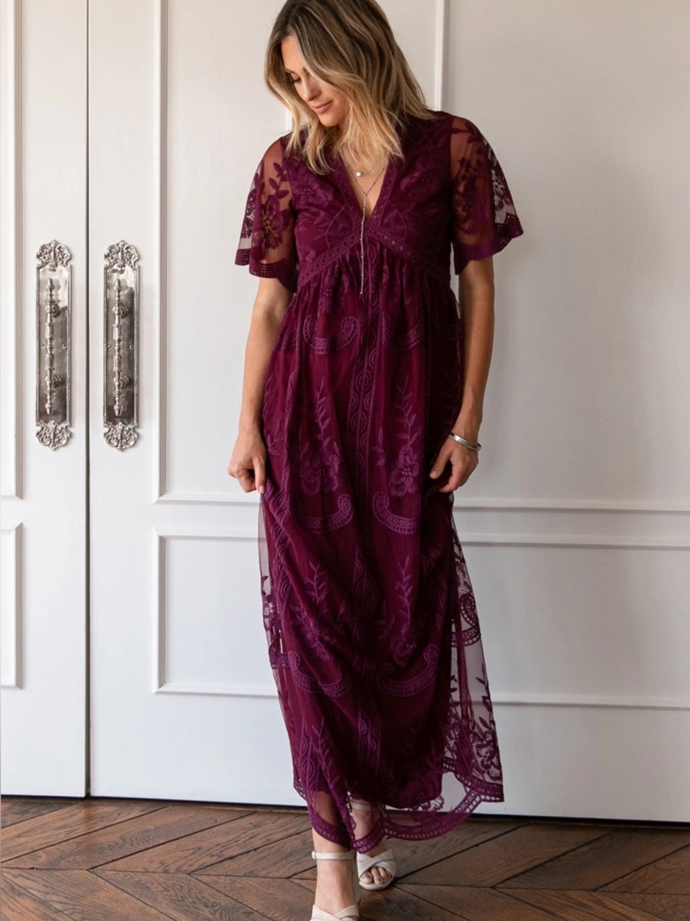 Pinkblush Wine Lace Midi Dress with Floral Back and Overlay